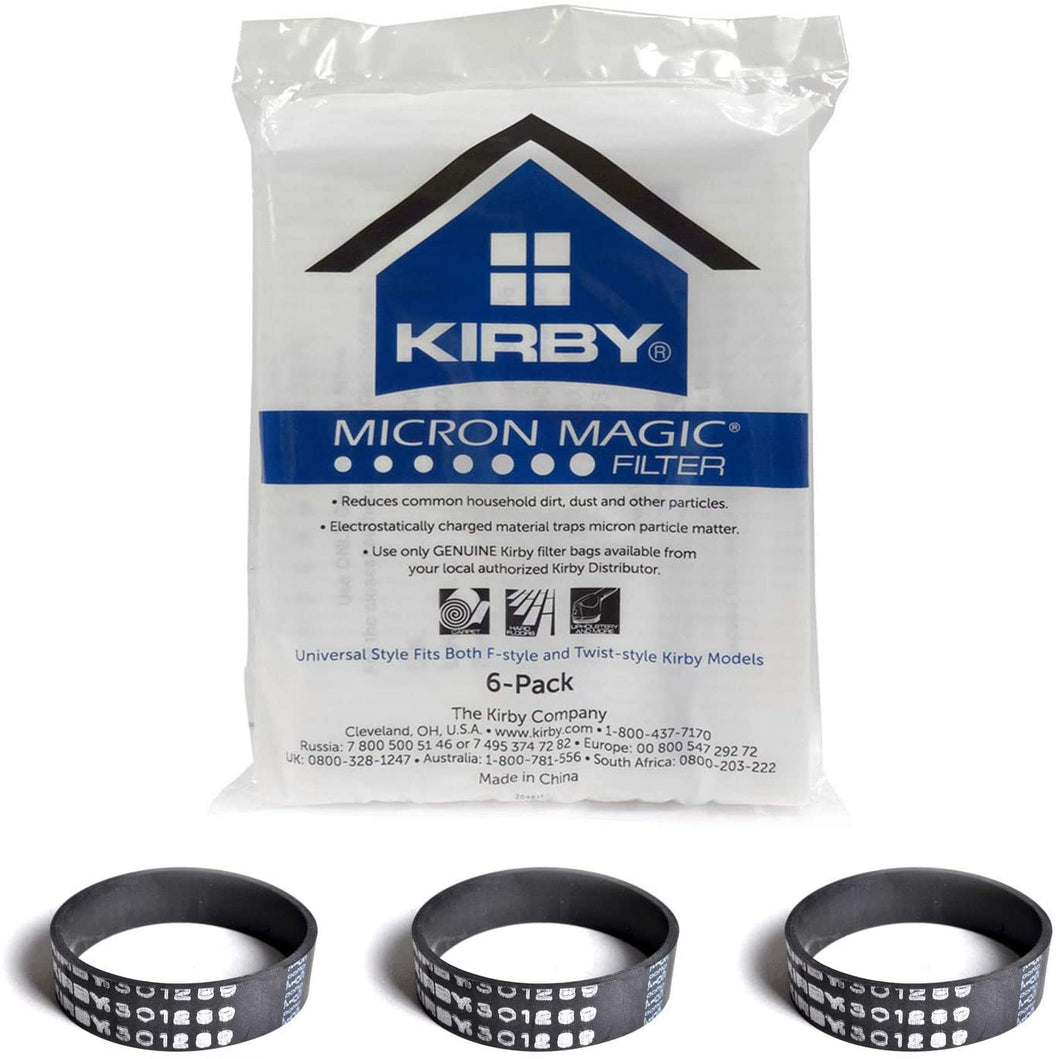 Genuine Kirby Universal Bags: 1 Pack (6 bags) of Universal HEPA White Cloth Bags Kirby Part 204811 and 3 Kirby Belts Part 301291